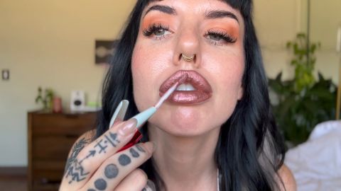 Put On Brown Lipstick and Gives You Kisses While You Stroke For Her Perfect Lips Mouth Lip Worship